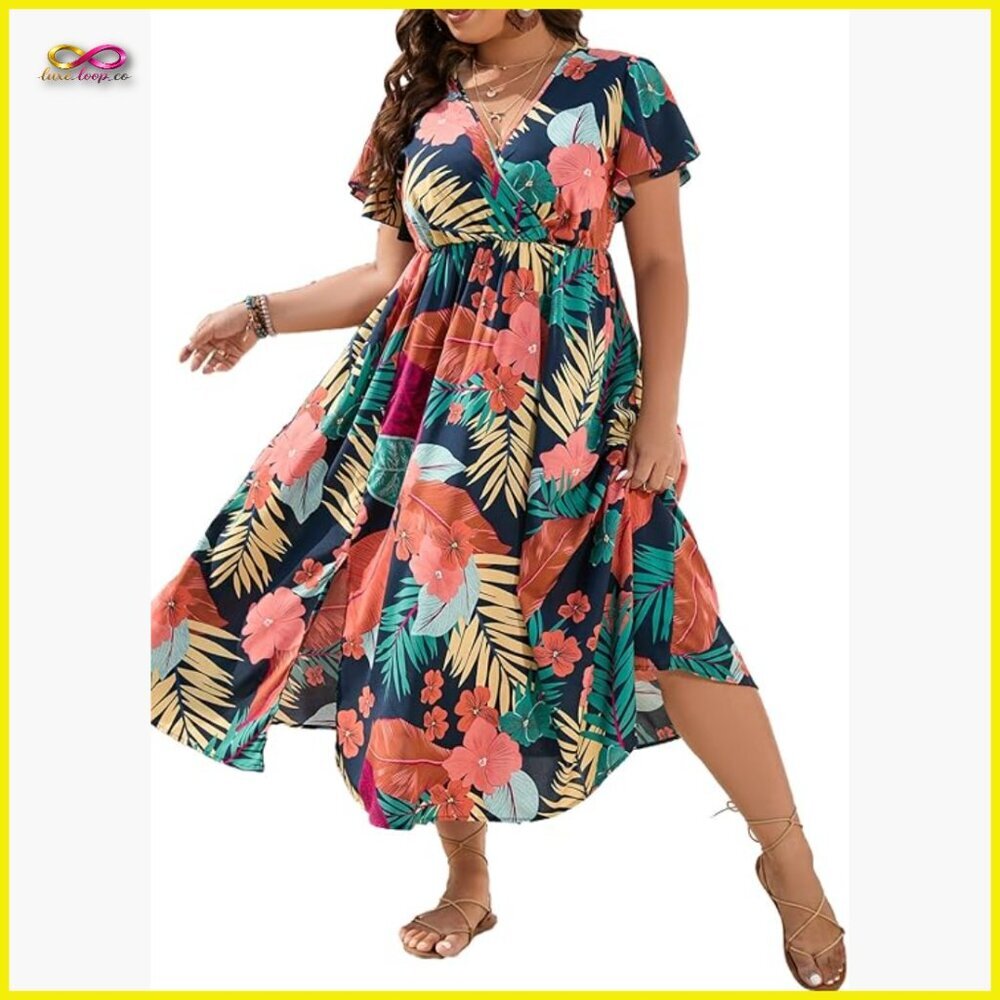 Boho Floral A-Line Midi Dress V-Neck Short Sleeve Summer Vacation Beach Outfit